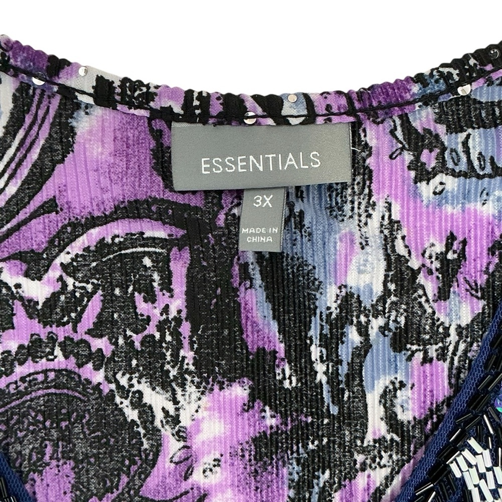 Essentials Sequin Top Beaded Flutter Sleeve Pullover Blouse Purple Teal Plus 3X - Picture 4 of 15